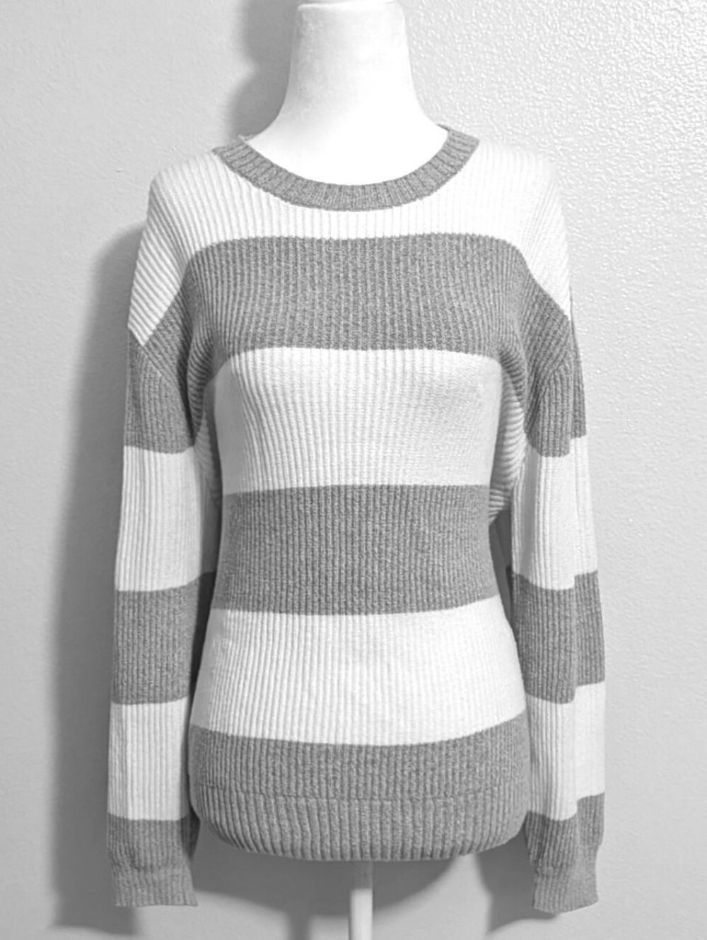 Hollister Grey & White Striped Oversized Crewneck Sweater | Size S